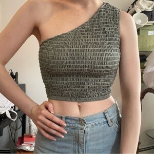 Nomia Green Asymmetrical Smocked Crop Top